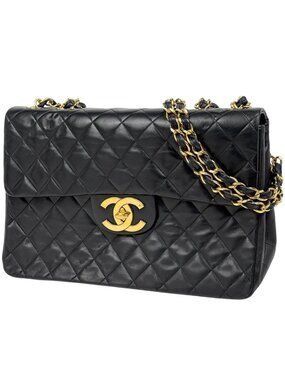 Chanel Big Quilted Shoulder Bag CC Logo Single Flap Chain Leather Black